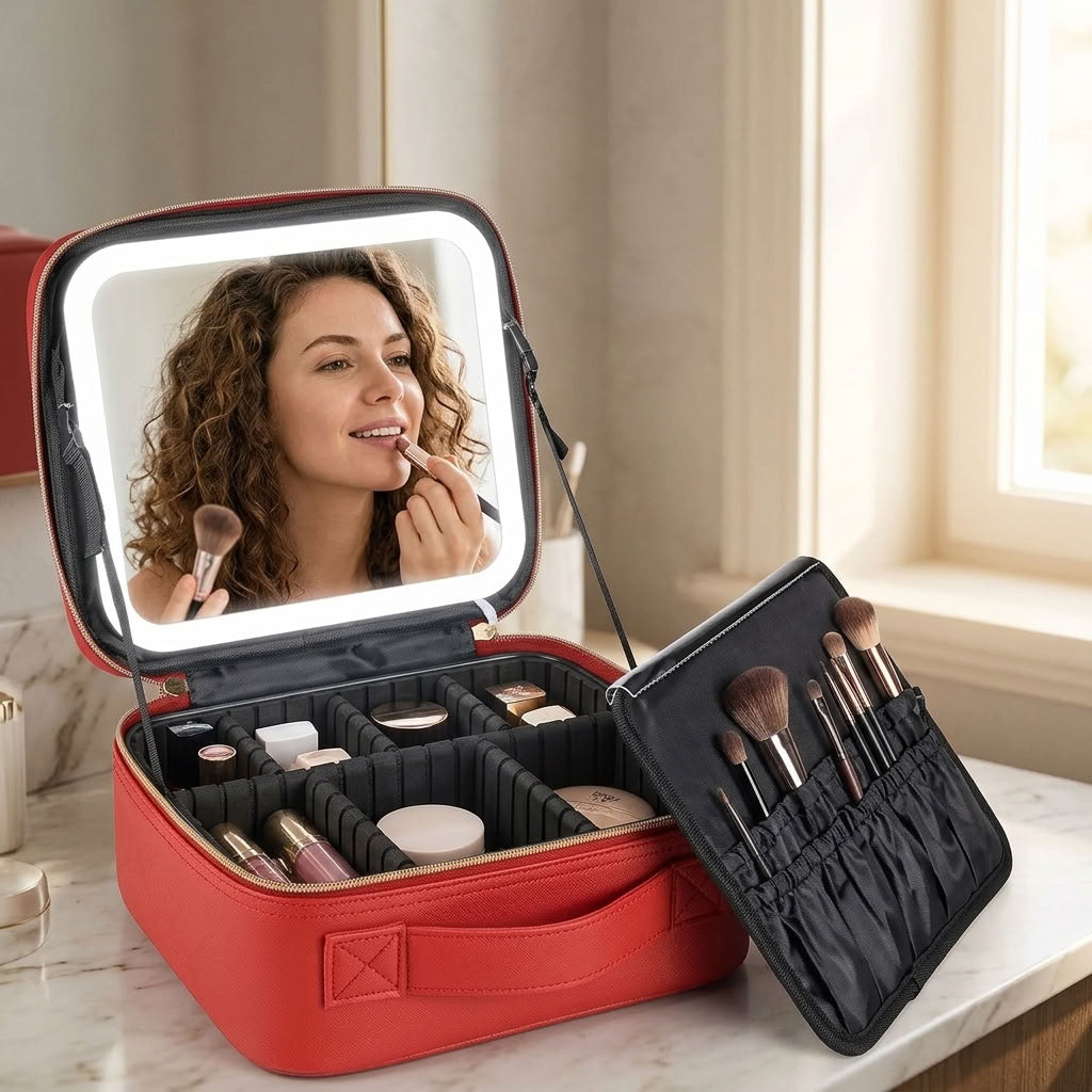 Makeup Bag with LED Lighted Mirror and Detachable Cosmetic